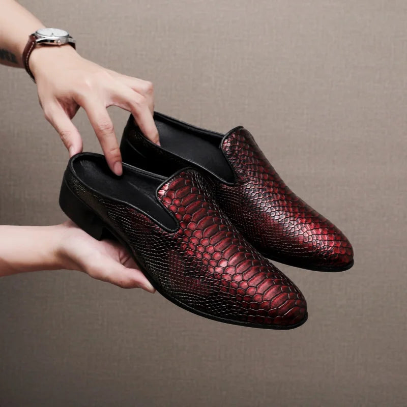 Big Size Mens Backless Mules Pointed Toe Slip on Loafers Men Low Heel Python Pattern Half Slippers Party Dress Shoes