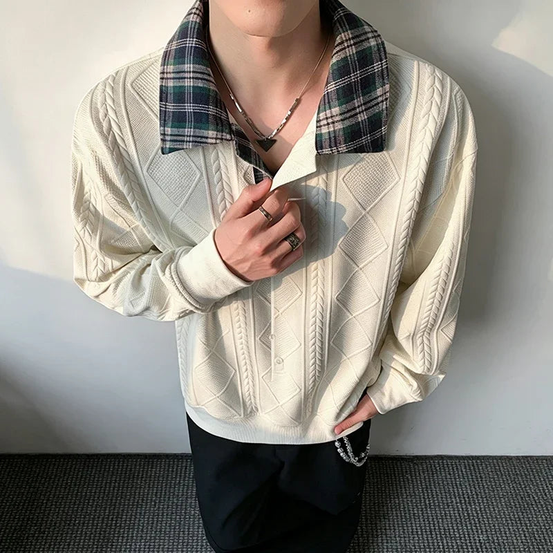 Ens Plaid Lapel Collar Long Sleeve Cable Jacquard Polo Shirt Geometric Embossed Texture Soft Handfeel Top