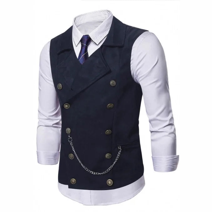 2026 Black Double-breasted Men's Suit Vests, Brown V-neck Sleeveless Vest Jacket, Dark Blue Business Casual Waistcoat.