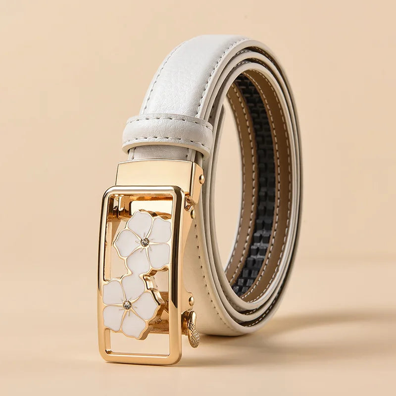 2027 New Women's Automatic Buckle Belts, Available in Red, White, and Black, Sizes 85 Cm–120 Cm.