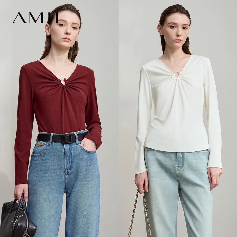 AMII 2026 Autumn Minimalism Solid V-neck T-Shirt Office Lady Long Sleeves Basic Slim Detachable Design Women Clothing 12523066