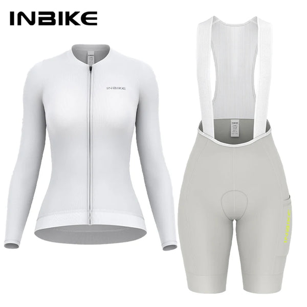 INBIKE Womens Cycling Jersey Set Summer Long Sleeve Ladies Mountain Bike Shirt Bib Shorts Padded MTB Bicycle Clothes Quick Dry