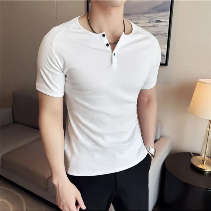 Men's Slim Fit Henley T-Shirt - Summer Short Sleeve Rib Knit Gym Workout Top | Stretchy Bodybuilding Muscle Tee for Fitness