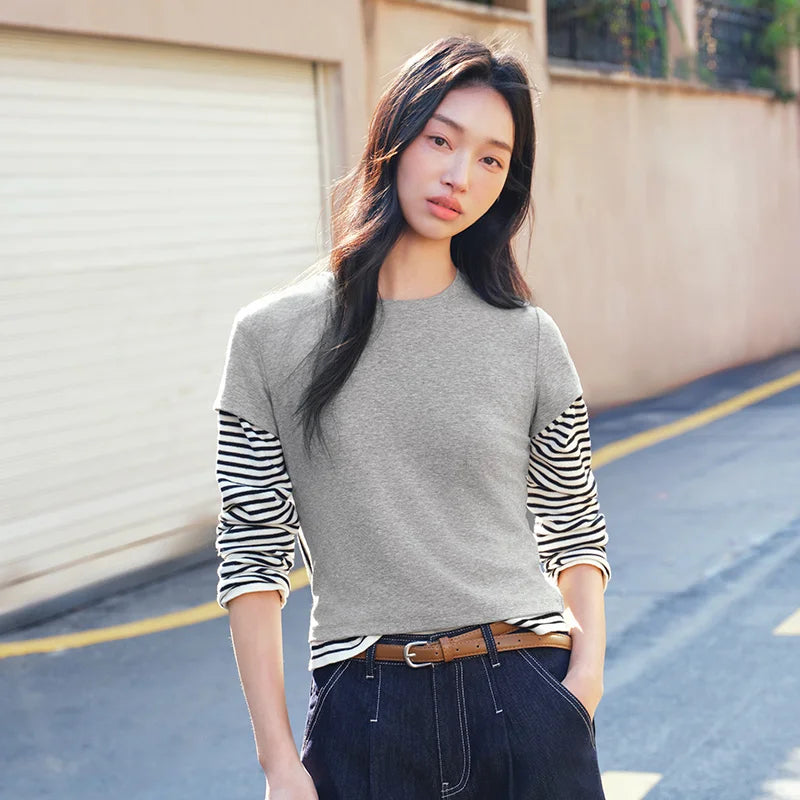 Semir Women Tshirt Cropped Solid Color Slim Crew Neck Short Sleeve Summer 2026 Minimal Casual Fashion Style Top