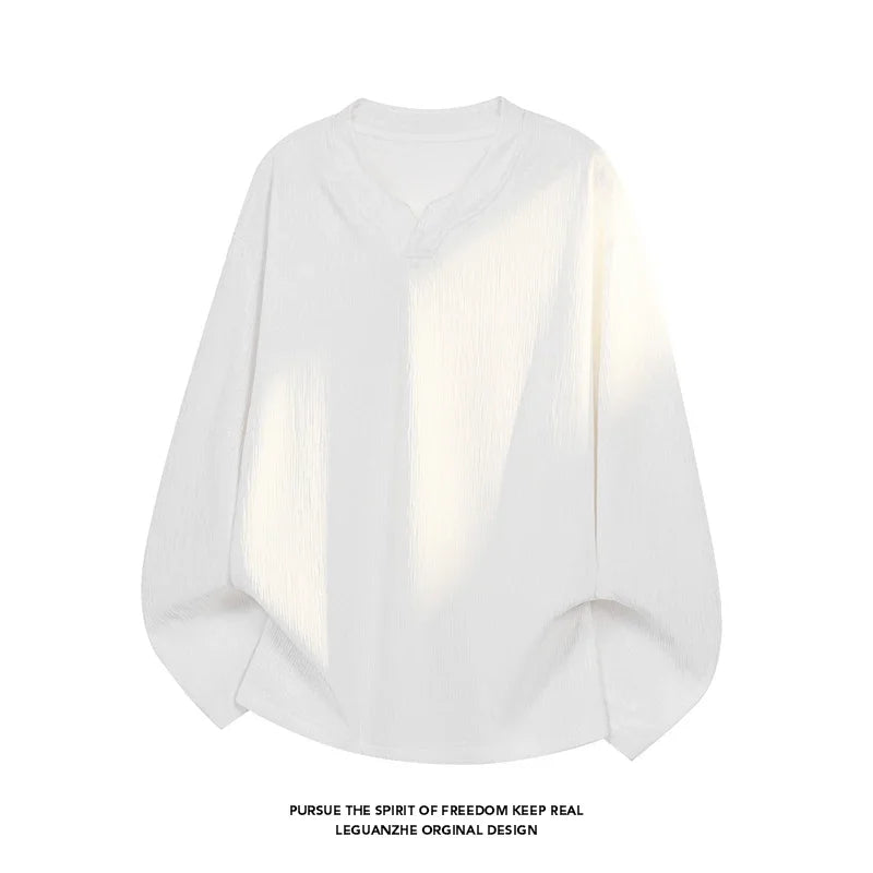 Men Breathable Crinkle Textured Long Sleeve Top Notched V Neck Curved Hem Oversized Fit For Multi Occasion Dressing