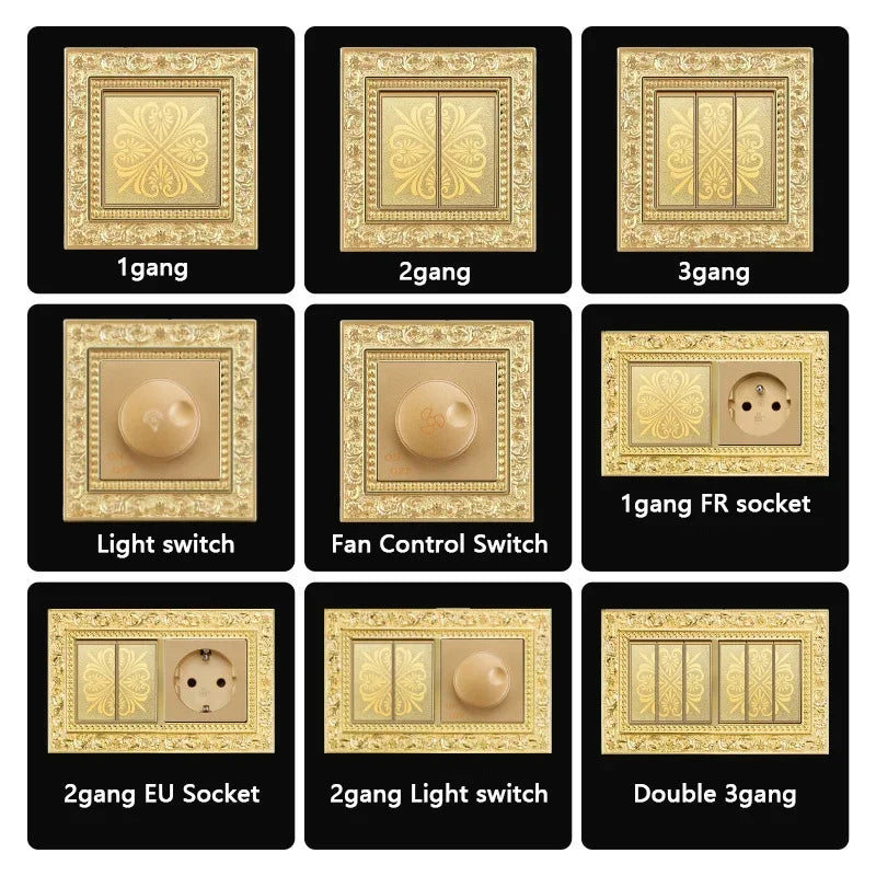 Luxurious metal European vintage antique EU wall lamp switch socket panel brass metal villa  home light switch 1/2/3 gang 2 way