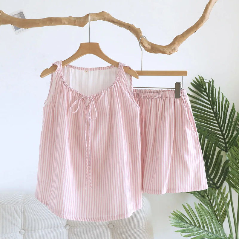 Thin Summer Pajamas Woman Sleepwear Shorts 2 Piece Set Striped Sleeveless Pyjama Gauze Cotton Women's Sleeping Clothes Pijama