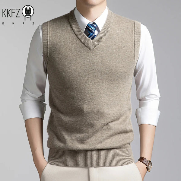 V Neck Sleeveless Wool Knit Vest For Men Soft Handfeel Knitwear Business Formal Sweater Tank Top Autumn Layering Clothes