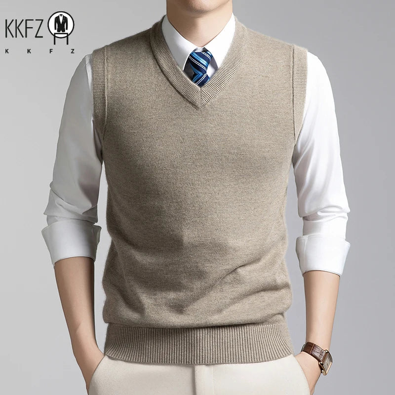 V Neck Sleeveless Wool Knit Vest For Men Soft Handfeel Knitwear Business Formal Sweater Tank Top Autumn Layering Clothes