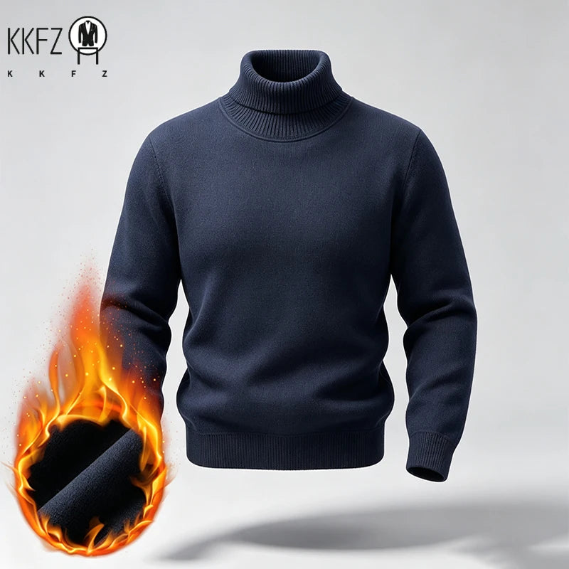 Men Fleece Lined Turtleneck Knit Sweater Ribbed Cuff Thermal Pullover For Winter Urban Daily Commute And Street Casual Outfits