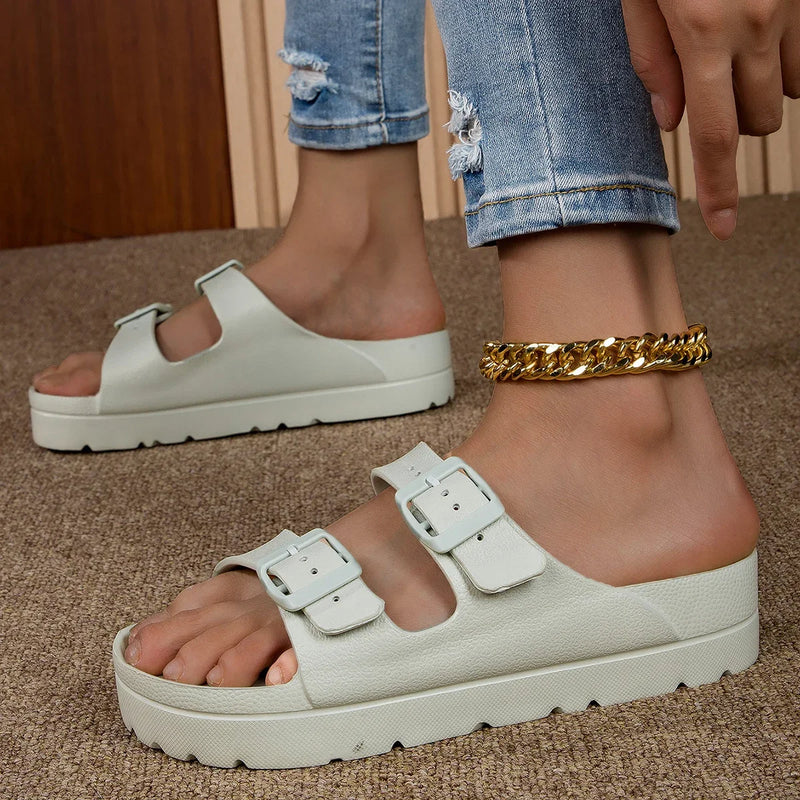 4cm High Ladies Slippers with Two Straps Double Buckles Platform Sandals Women Slides Cushion Lightweight 12 Colors Options