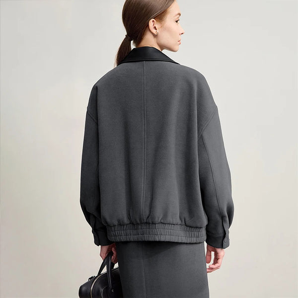 AMII Women's Jacket 2025 Winter New Loose Medium And Long PU Leather Top Female Lapel Warm Versatile Woolen Coat Woman 12554053