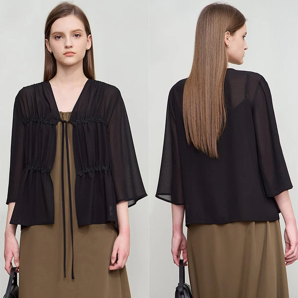 Amii Minimalism Light Luxury Blouse Chiffon 2026 Summer New Women Office Lady Thin Loose Tied Ruffles Flared Sleeves 12542274