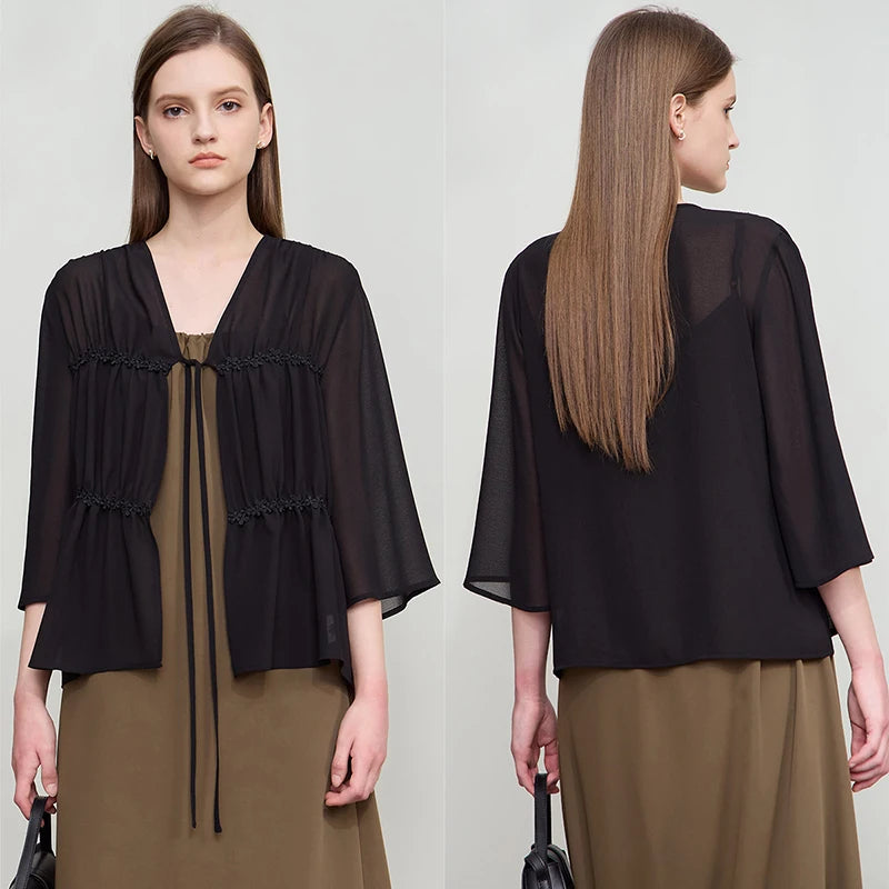 Amii Minimalism Light Luxury Blouse Chiffon 2026 Summer New Women Office Lady Thin Loose Tied Ruffles Flared Sleeves 12542274