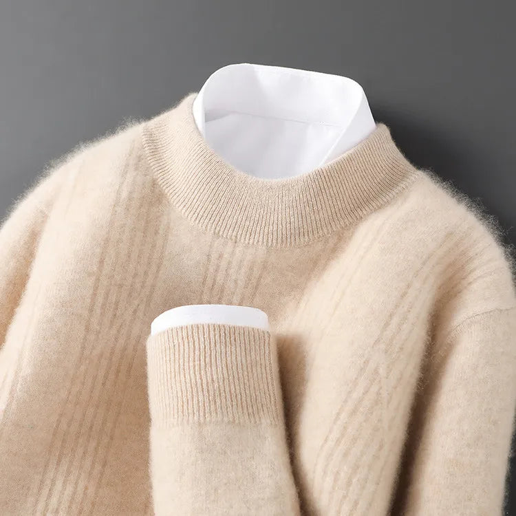 Men's 100% Wool Sweater,  Soft and Warm High-neck Wool Pullover Fine Vertical Stripe