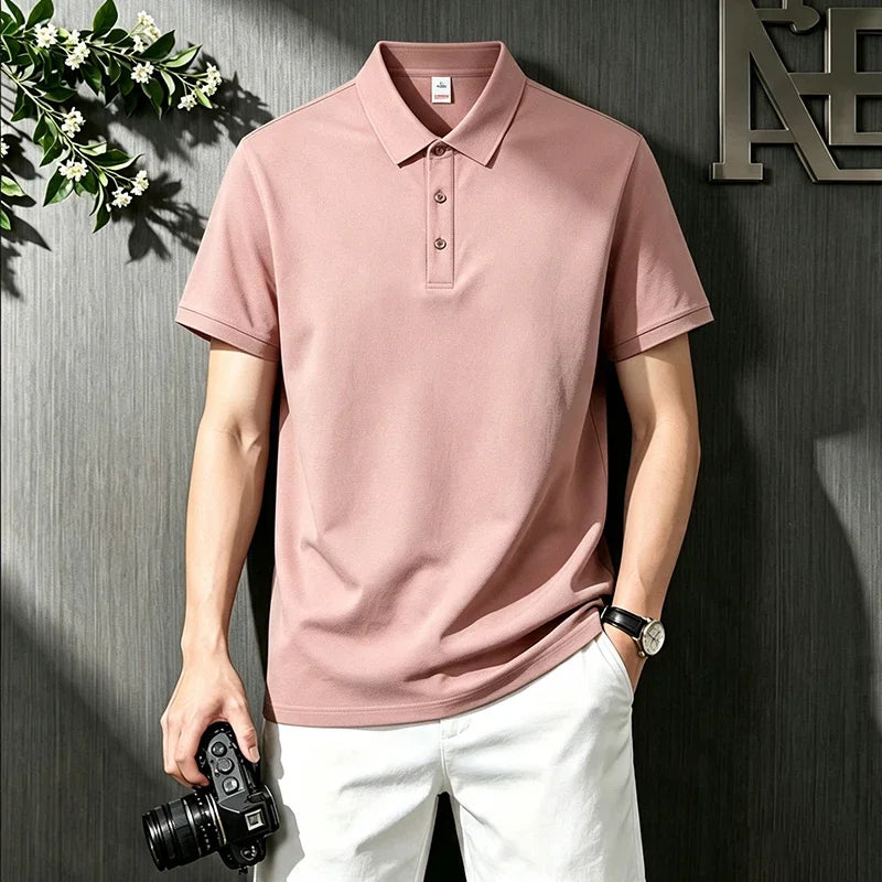 Loose Fit Short Sleeve Solid Polo For Males Turn Down Collar Button Placket Streetwear Simple Casual Wear Top