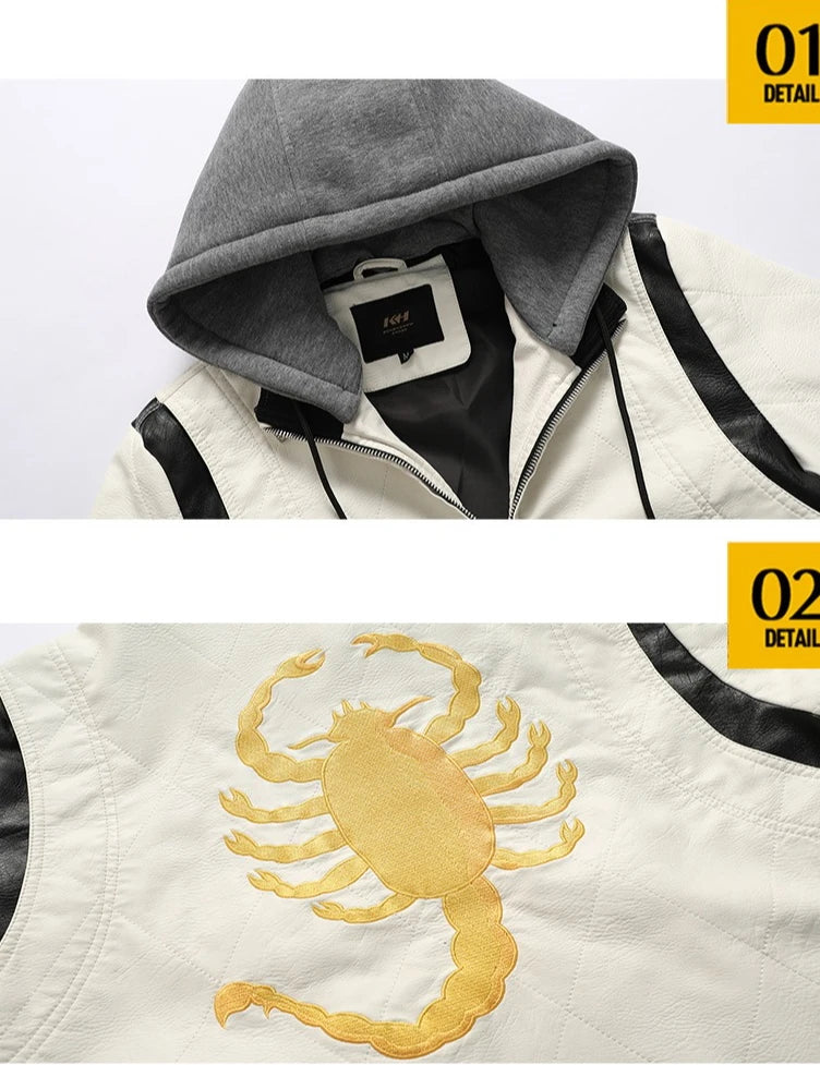 European and American-style Men's White Faux Leather Jacket; Black Hooded PU Motorcycle Coat with A Detachable Hood.