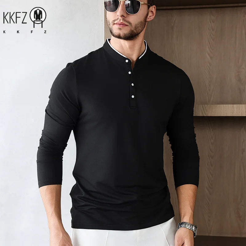 2025 New Men's Casual and Fashionable Solid Color Long Sleeved Stand Up Collar T-shirt Summer Versatile and Comfortable Top