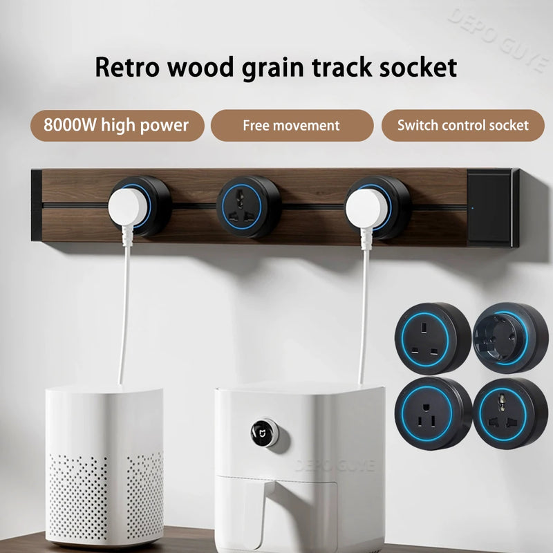 Imitation wood grain Rail Mobile Power Track Socket EU/Universal/UK/USB Type-C Kitchen Bathroom Office Wall Mounted Socket Plugs