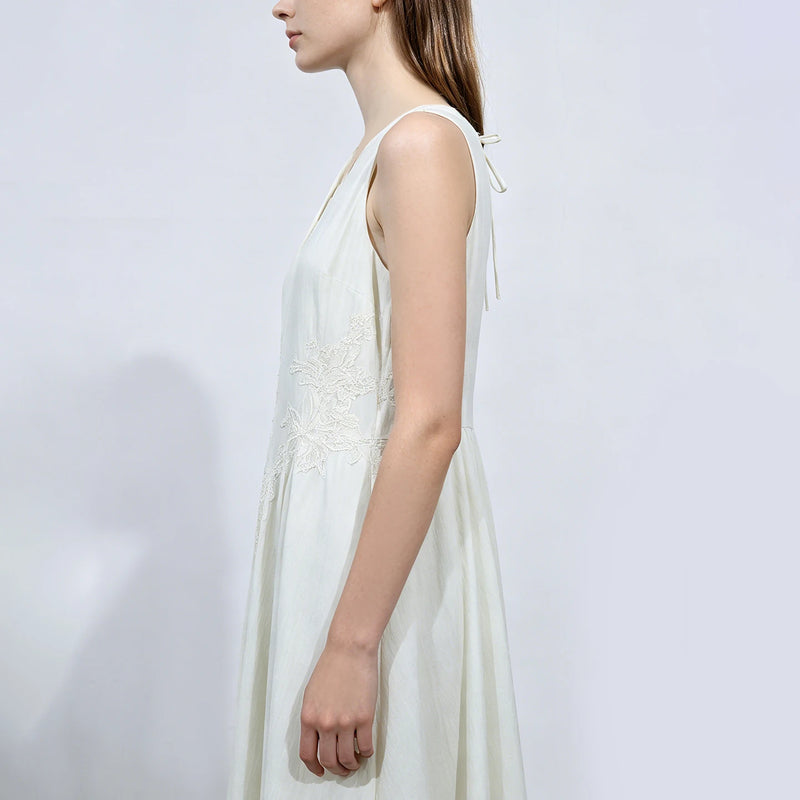 Amii Womens Dresses 2026 Summer New V Neck Lace Trim Linen Blend Sleeveless A-Line Dress Elegant Casual Woman Clothing 12642051