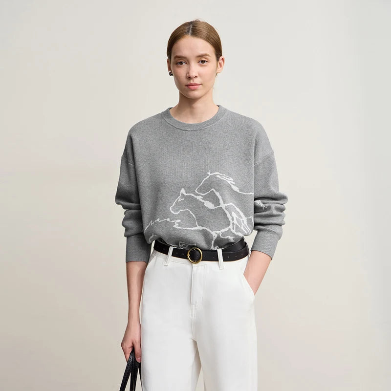 Amii Women's Sweater 2025 Winter New Crew Neck Women's Long Sleeve Top Casual Jacquard Knitwear Loose Versatile Top 12544178