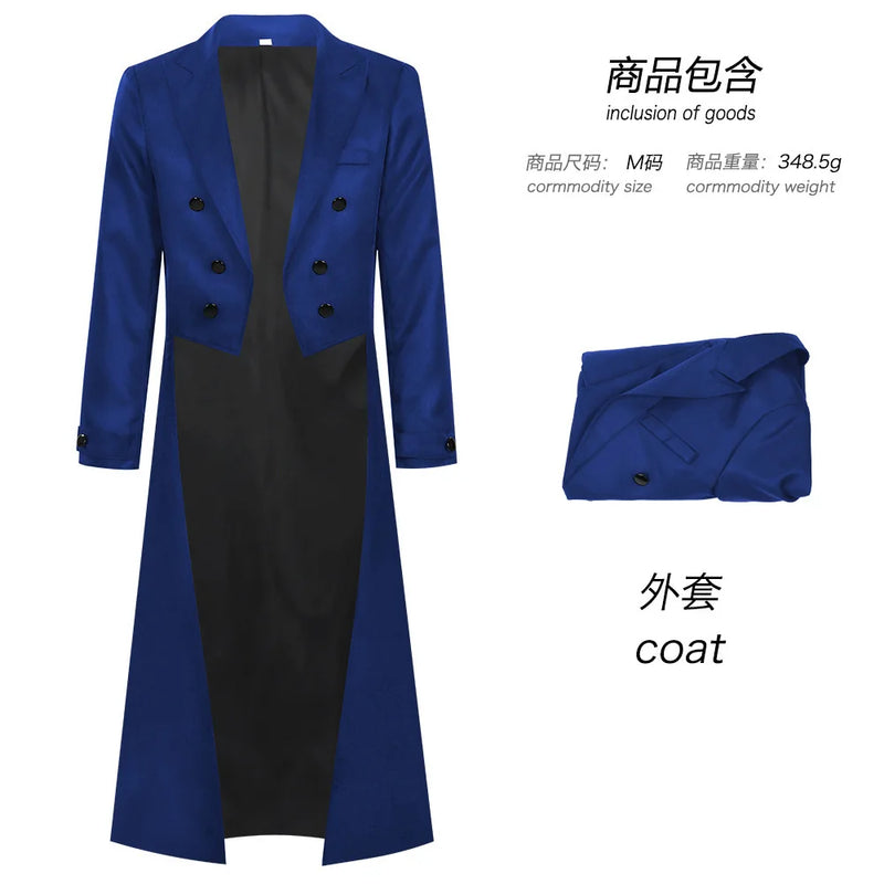 Men's Punk-style Black Tailcoat, Red Double-breasted Trench Coat, Available in Blue and Green.