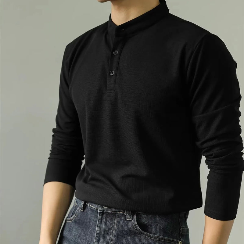 High-end New Men's Business Casual Long Sleeve Polo Shirt Stand Collar Solid Color Henley Neck T-shirt.M-4XL