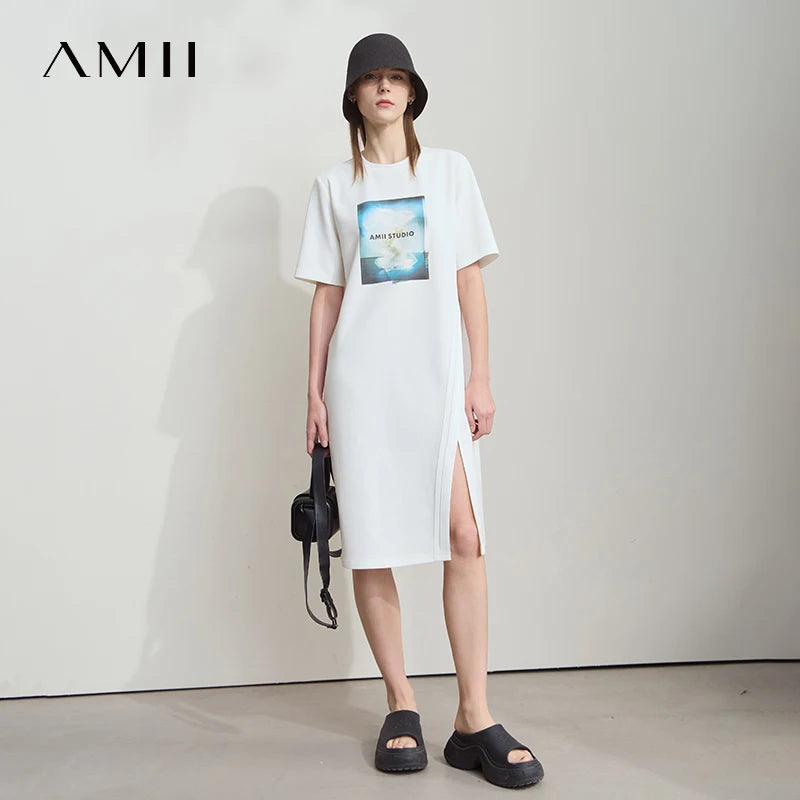 AMII Women Minimalist Summer Casual Dresses 2026 New Print Round Neck Short Sleeve Dress Lady Fashion Woman Clothes 12522003