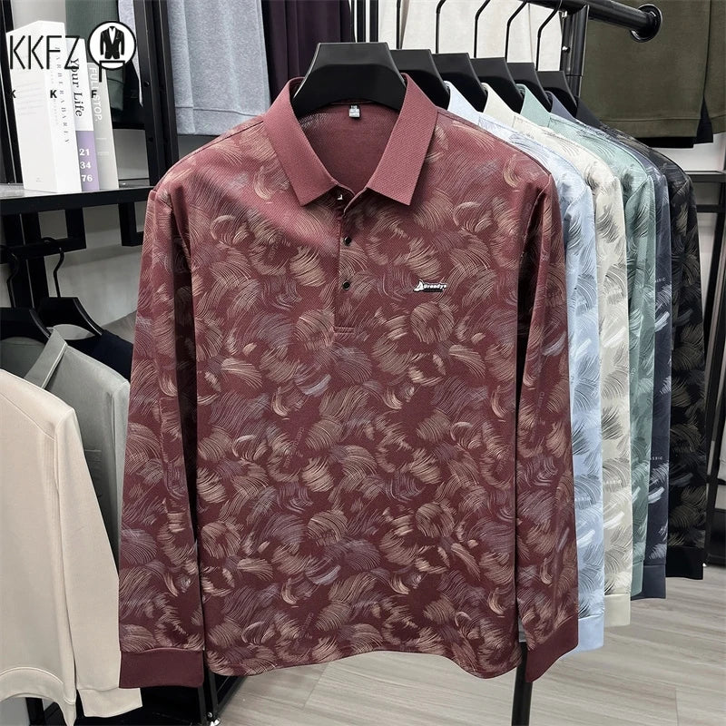 Men Breathable Mesh Polo Short Sleeve Lap Collar Abstract Feather Print Button Placket Relax Daily Wear Top