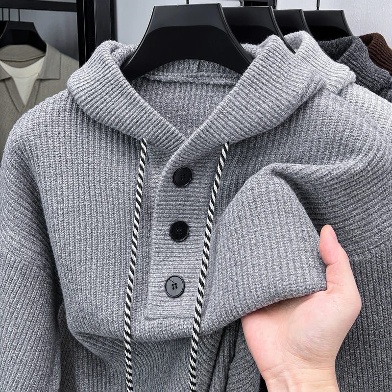 High-End Man Long Sleeved Knitted Sweatshirt Hooded Button Solid Color Not Easily Deformed Autumn Winter Casual Fashion MensWear