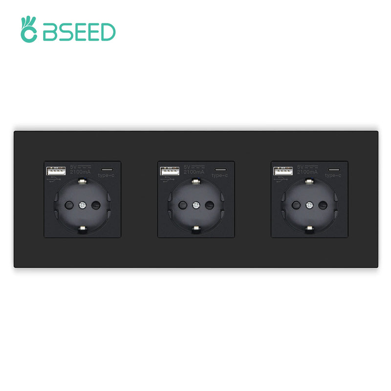 BSEED EU Standard Wall Socket Single Power Outlets USB Type-C Port 20W Fast Charge Plastic Panel Triple Electric Plugs 16A