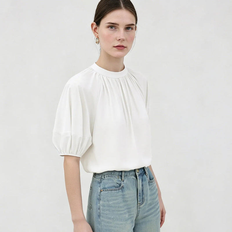 Amii Women's Shirt 2026 Summer New Stand Collar Lantern Dolman Sleeve 100% Cotton Blouse Loose Casual Short Top Female 12642176