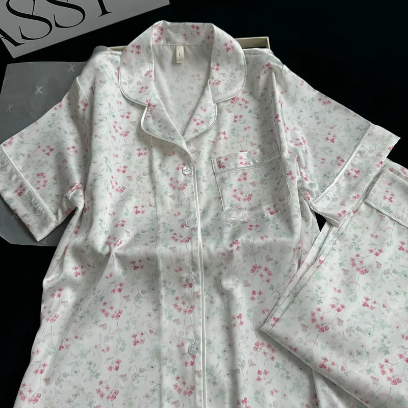 Women's Summer Lapel Pajamas 2 Pieces Sleepwear Nightwear Ice Silk Short Sleeve Button Top Trousers Loungewear for Women Pijama