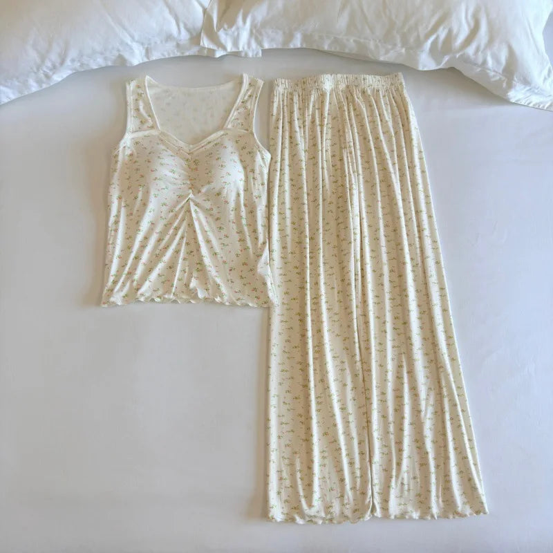 Sleeveless Nightwear Women Pajama Women's Home Clothes Chest Pad Homewear 2 Pieces Sleepwear for Summer Suit Long Pants Pijama