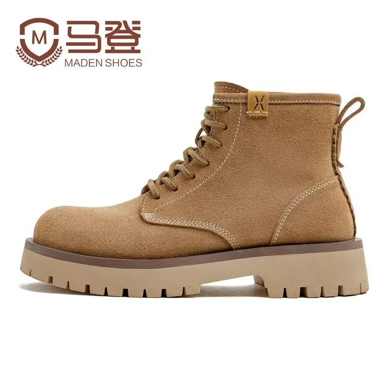 Maden Men's Cow Suede High-Top Boots Lace-Up Ankle Boots Chunky Round Toe Work Desert Boots for Fall Winter Casual Shoes