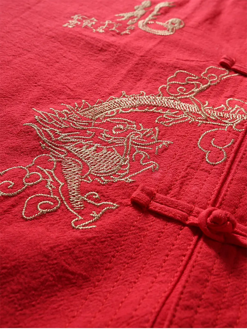 Men's Red Embroidered Two-piece Set for Summer, Featuring A Chinese-style Short-sleeve Shirt Paired with Ankle-length Pants.