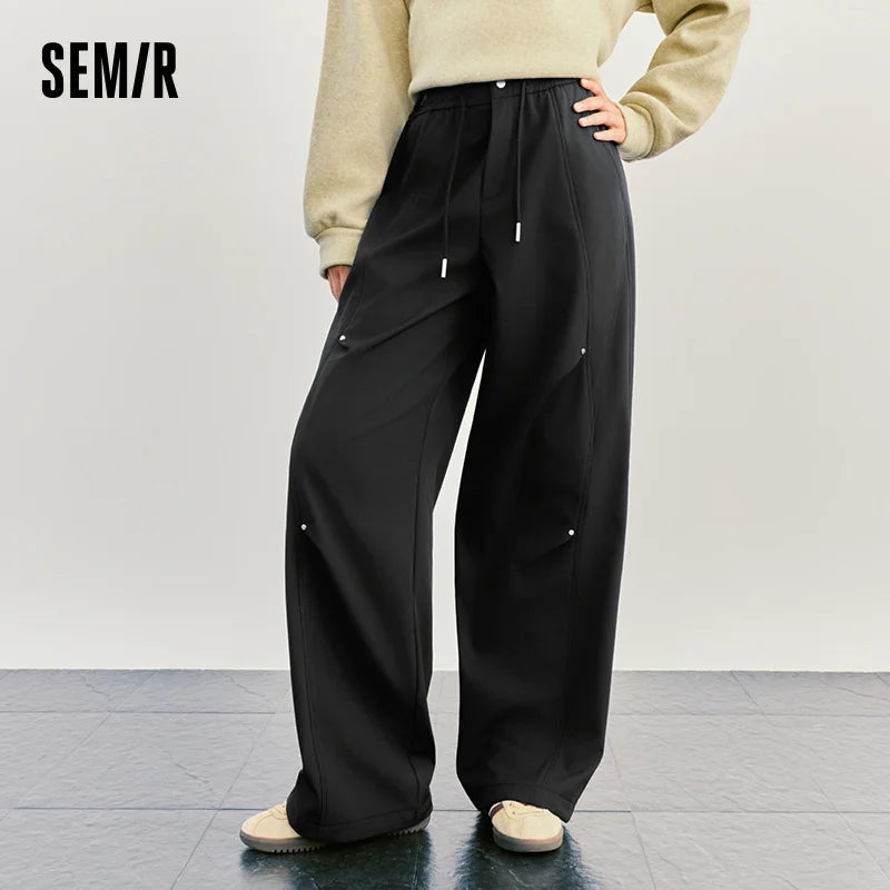 Semir Women Pants Fleece Lined Panelled Design Loose Fit Wide Leg Street Style 2026 Winter Everyday Style Full Length