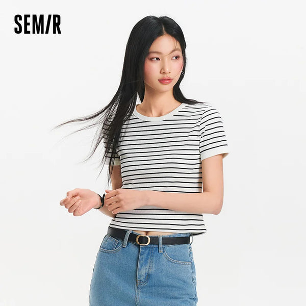 អាវយឺត Semir សម្រាប់នារី មានអារម្មណ៍ត្រជាក់ ខ្លី ស្តង់ដារ ស្មា ពណ៌ ប្លុក ស្ដើង រដូវក្តៅ ឆ្នាំ២០២៦ ស្ទីលធម្មតា ម៉ូដ ទន់ មានផាសុកភាព អាវប្រចាំថ្ងៃ