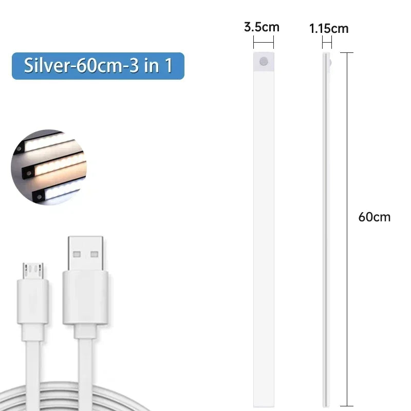 10-60CM Motion Sensor LED Night Light Wireless USB Rechargeable Under Cabinet Lights Ultra Thin Long Bar Lamp Kitchen Bedside