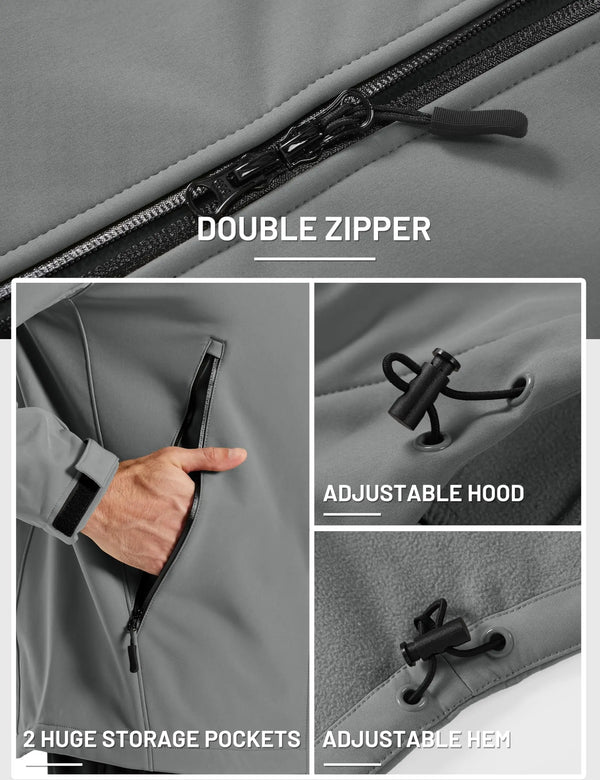 TACVASEN Autumn And Winter Men's Softshell Hooded Waterproof Fleece Lightweight Jacket Windproof Coat With 2 Pockets For Hiking
