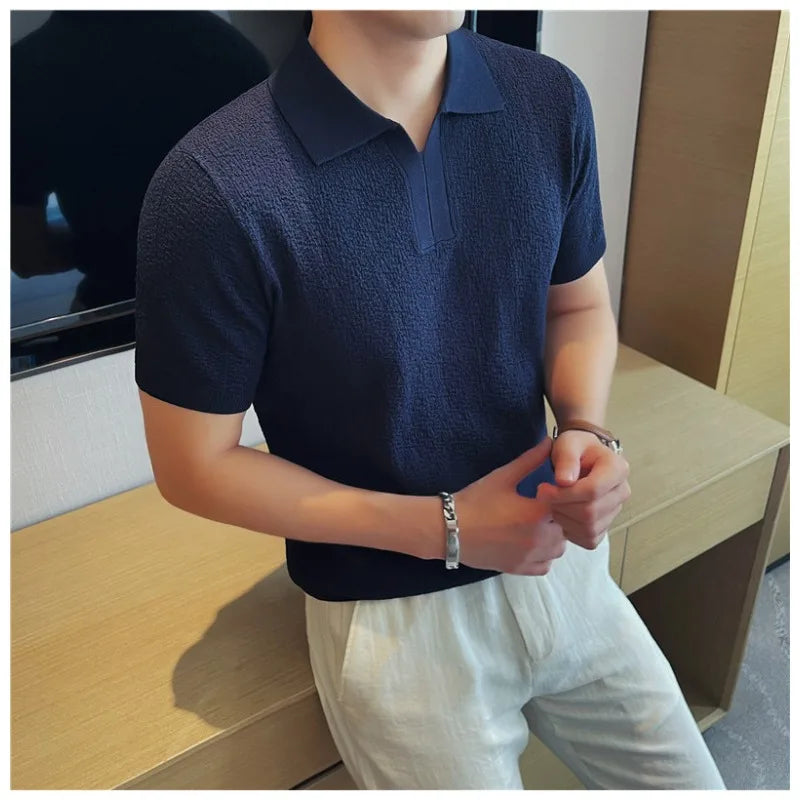 Men's Summer Cooling Ice-Silk High-Stretch Polo Shirt – Breathable Slim-Fit Short Sleeve Business Casual Top with Textured Knit