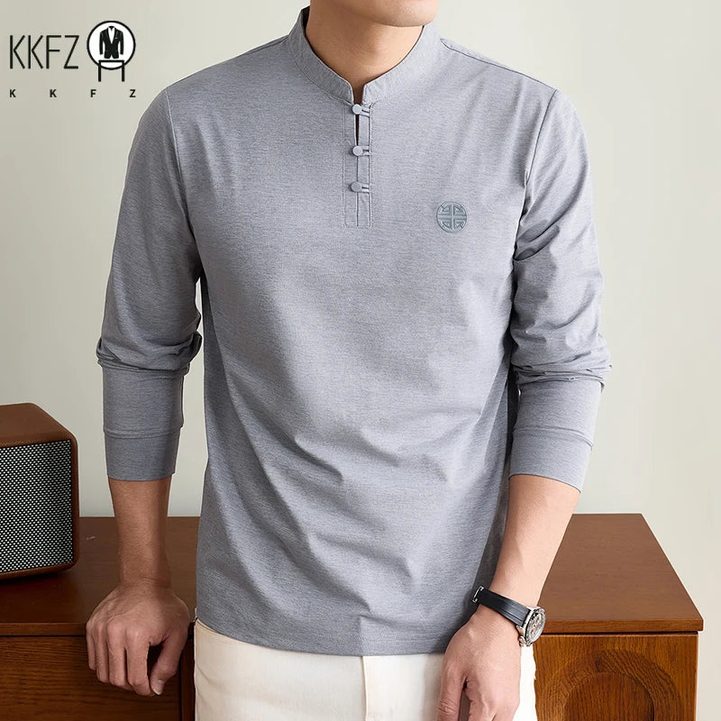 Mens Spring Autumn Henley T Shirt Long Sleeve Mandarin Collar Embossed Logo Breathable Comfort Casual Outfit