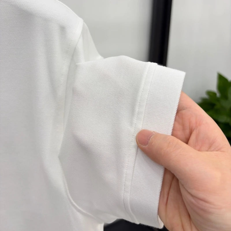 Men Summer Short Sleeve T-Shirt Little Stand Collar Solid Color Casual Loose Tee with Side Split Hem