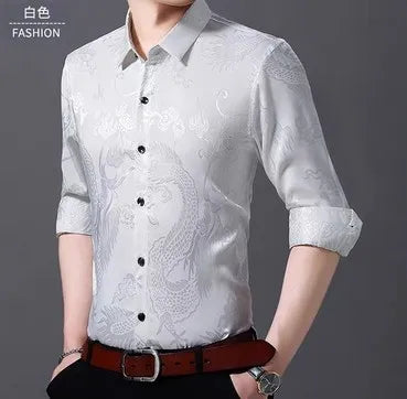 Men's Red Long-sleeve Printed Shirt with A Lapel Featuring A Chinese Dragon Design. White, Blue, Yellow, Brown, and Gray.