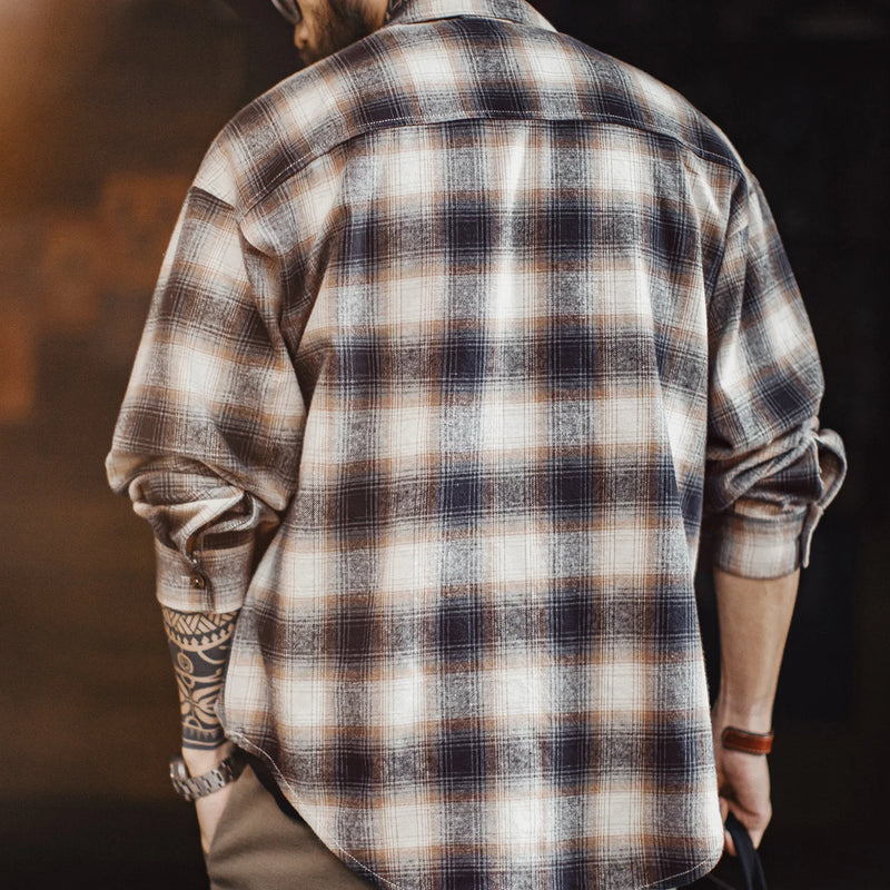 អាវ បុរស Maden បែប Retro Plaid អាវ កប្បាស មាន ខ្សែ រ៉ូត ជាមួយ កអាវ បើក ចុះ សម្រាប់ រដូវផ្ការីក និង រដូវស្លឹកឈើជ្រុះ