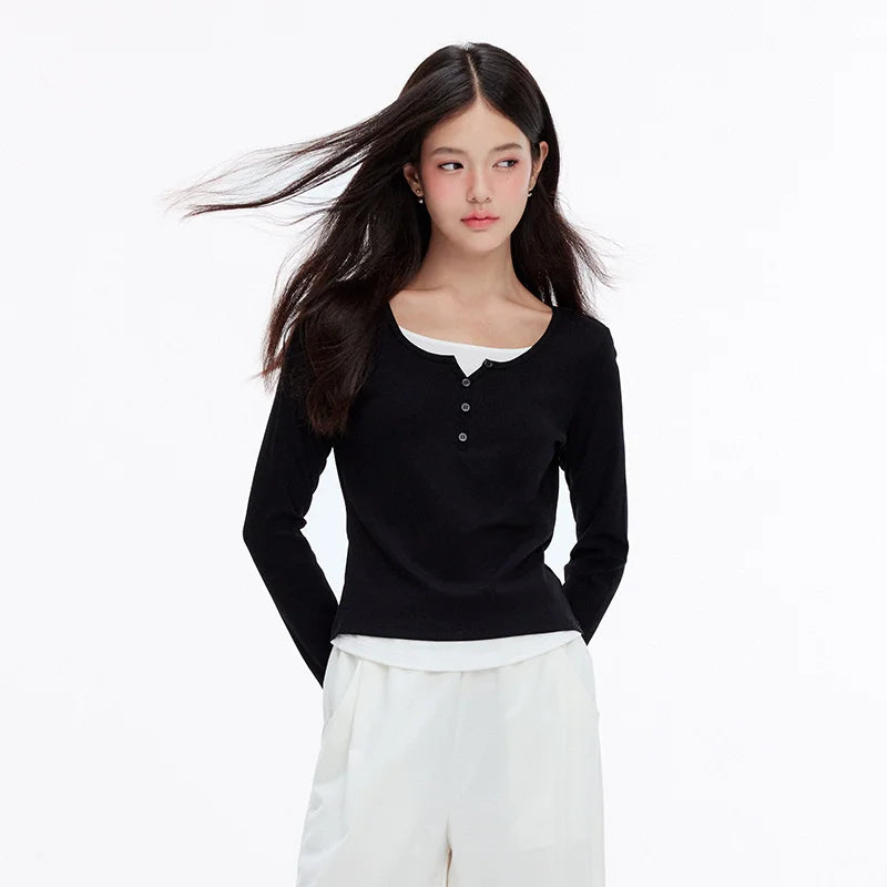 Semir Women Tshirt Slim Long Sleeve Curved Hem Patchwork Faux Two Piece Base Top Autumn Casual Style Daily Wear 2026
