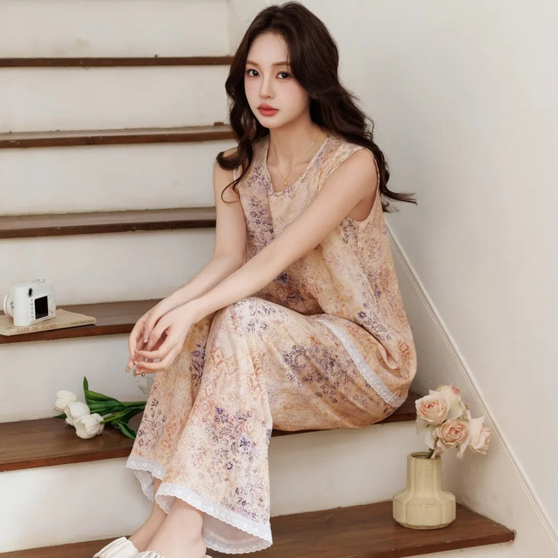 Floral Sleepwear Women's Pajamas Summer 2 Piece Set Night Wear for Ladies Sleeveless Pajamas Female Clothing Pyjama Set Woman