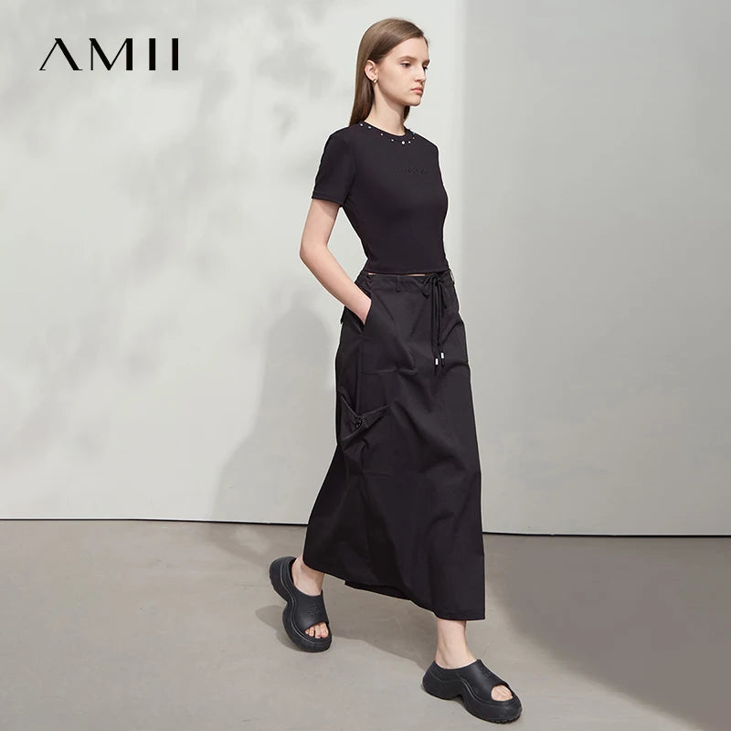 AMII Minimalist Short Women Clothes T-shirt 2026 Summer New Round Neck Short-sleeved Casual Versatile Solid Slim Tops 12542091