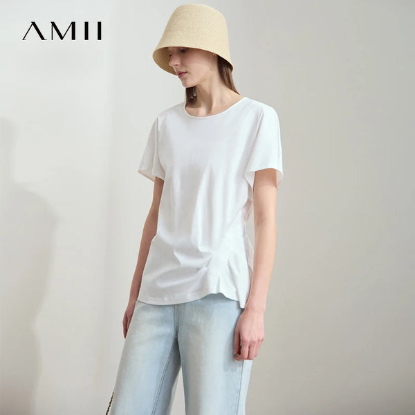 AMII Summer T-shirts For Women 2026  New Solid Cotton Casual Short Sleeve O-Neck Ladies Tops Fashion Asymmetric T-shirt 12552082