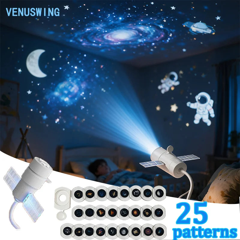 លំនាំ 3-25 USB Galaxy Projector ការបញ្ចាំងរូបភាពផ្កាយលើមេឃ 360 ដឺក្រេ ភ្លើងពេលយប់អាចលៃតម្រូវបានសម្រាប់បន្ទប់គេងកុមារ បន្ទប់តុបតែងចល័ត